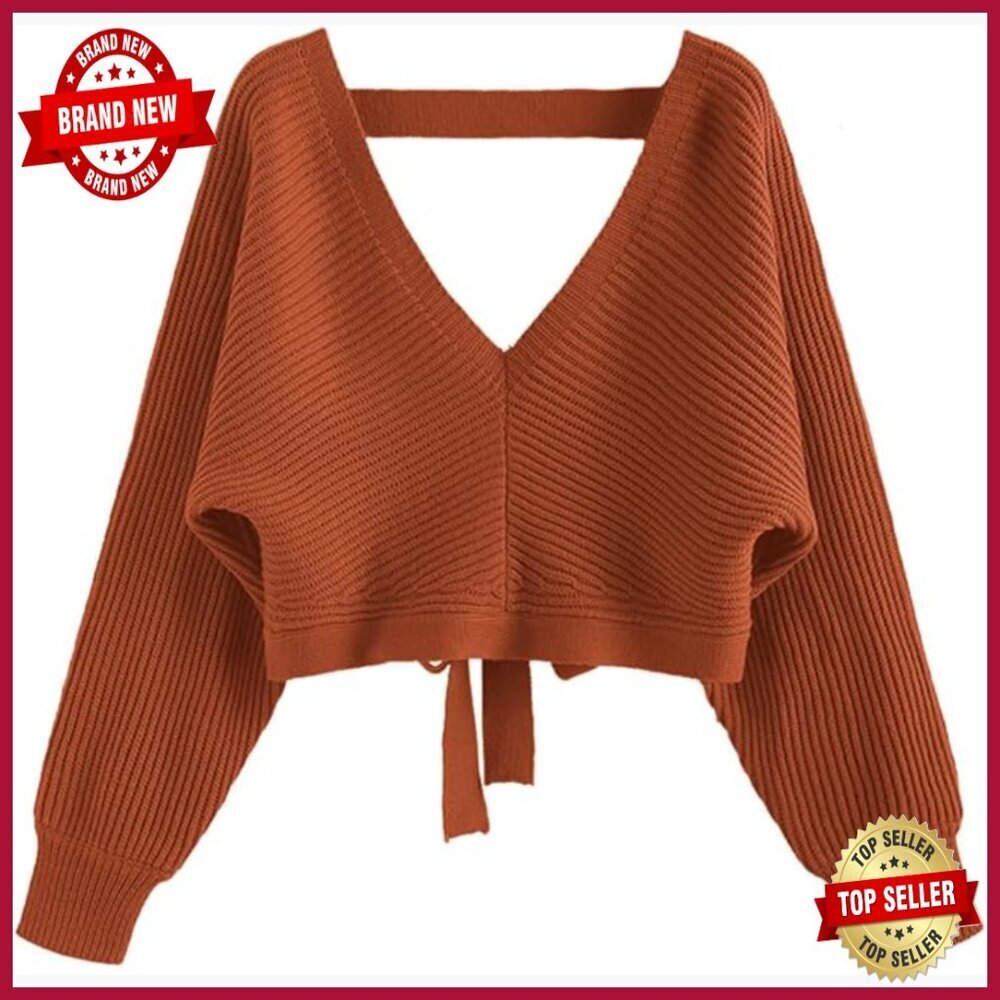 Cropped Ribbed Knit Pullover Sweater V-Neck Drop Shoulder Loose Fit